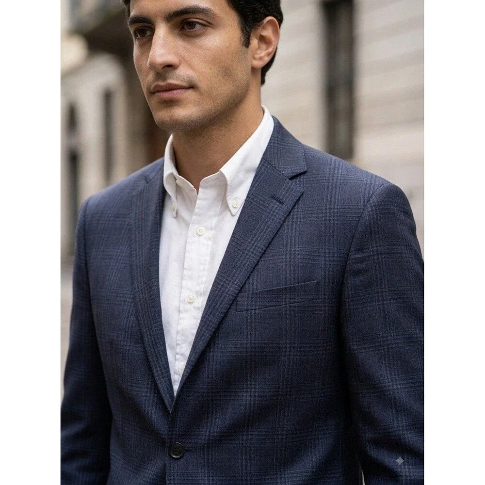 NEW Banana Republic Mens Blazer 40R Slim Fit Navy Plaid Marzotto Super 100s Wool